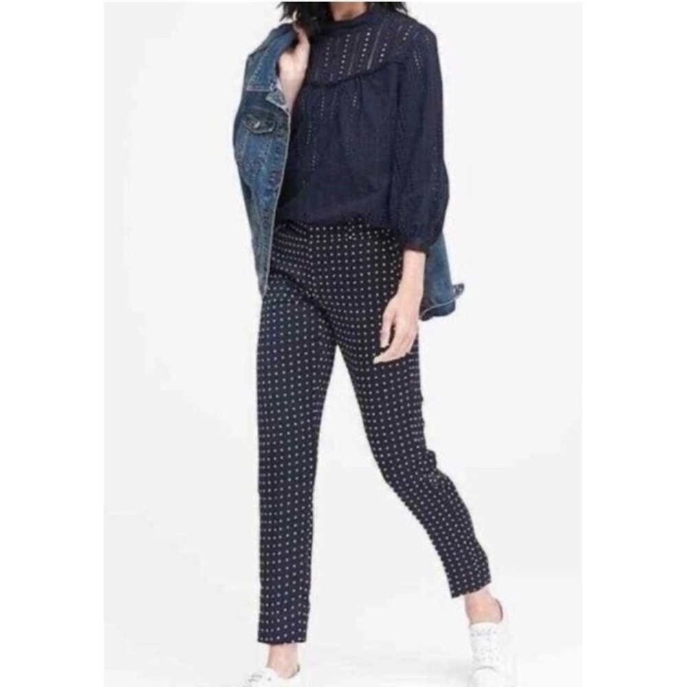 Banana Republic Avery Ankle Pants Navy Blue Polka Dot Straight Leg Womens 10